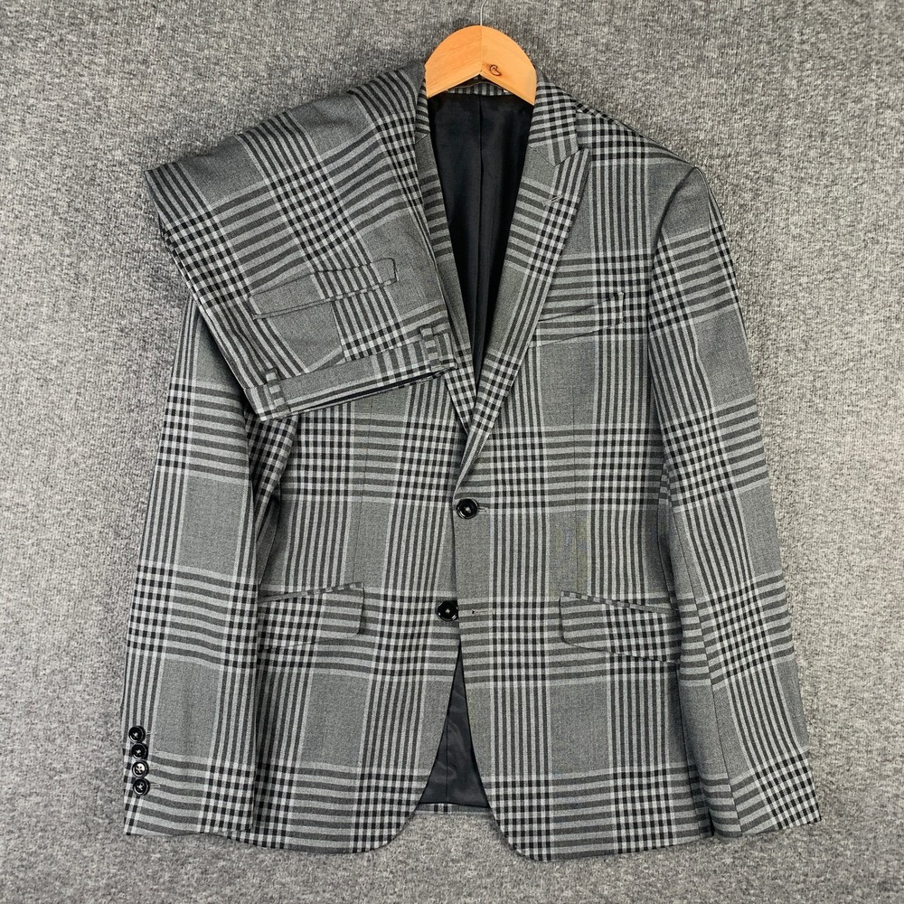 Zara 2 Piece Suit Men 38S Glen Plaid Gray Peak Lapel 30x34